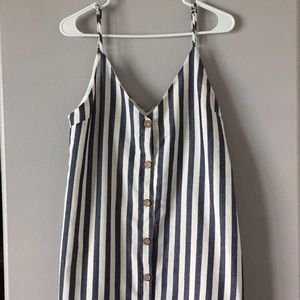 Blue Denim Cream Striped Button Dress Med Tie Back